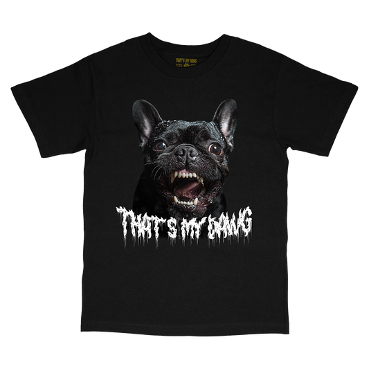 a black t - shirt with a picture of a dog with teeth