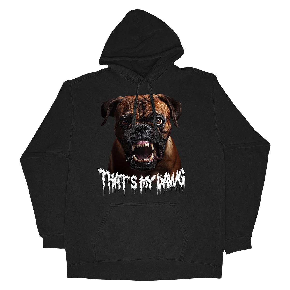 a black hoodie with an image of a dog with the words that's