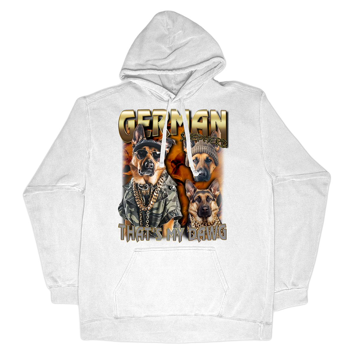 a white hoodie with two dogs on it