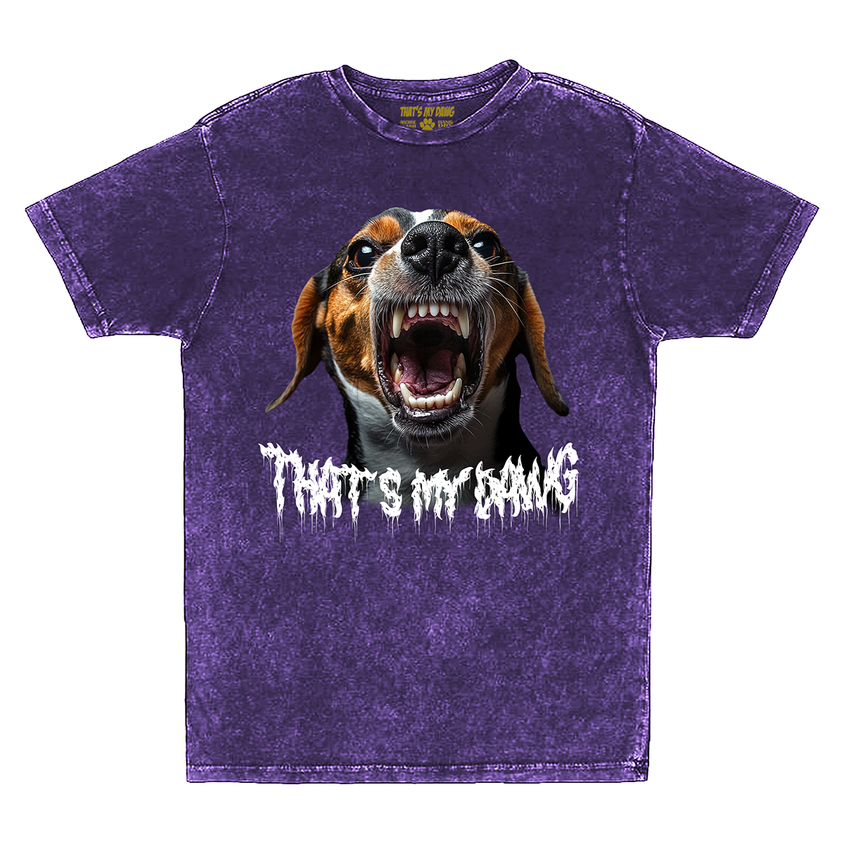 a purple t - shirt with a picture of a dog with it's mouth