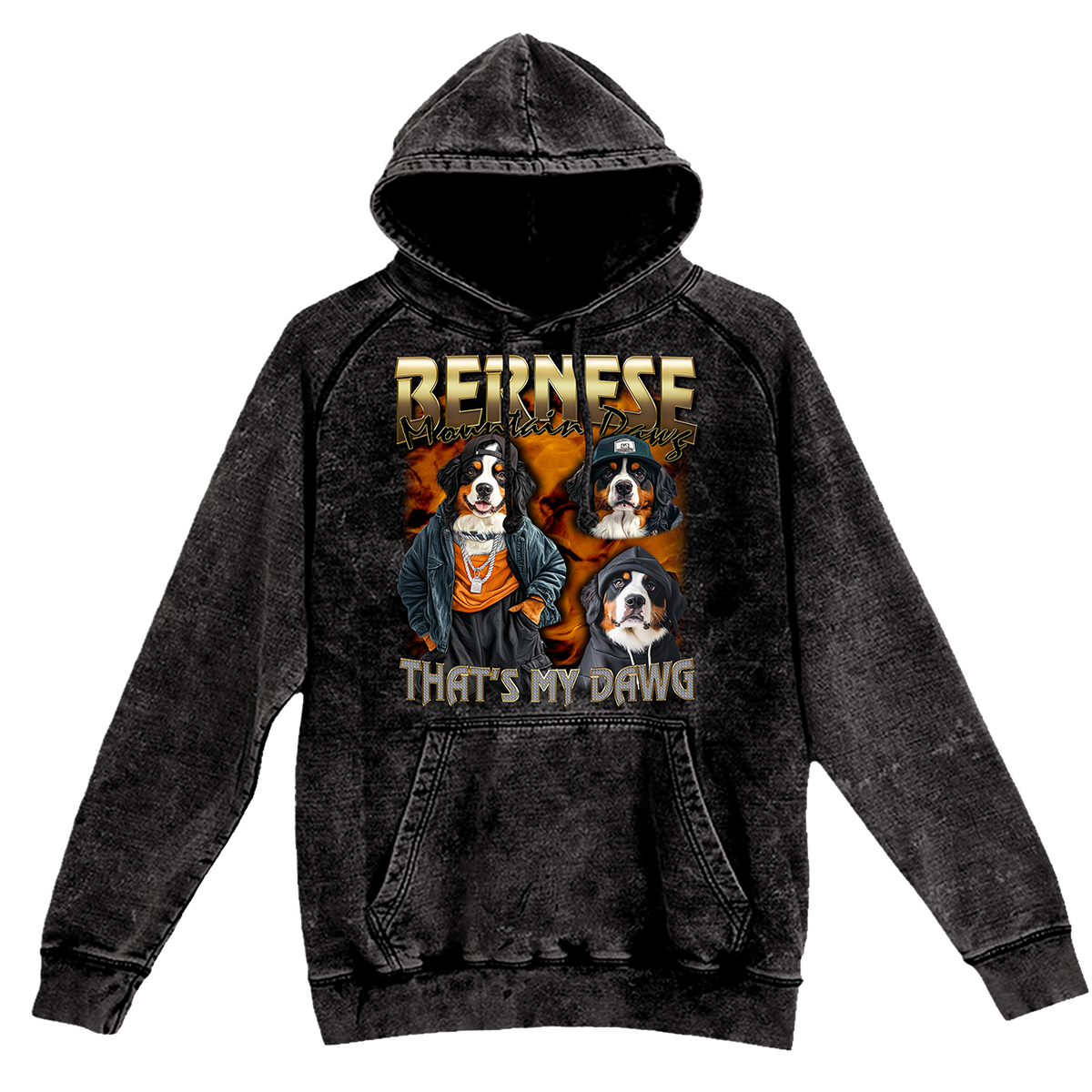 a black hoodie with three dogs on it