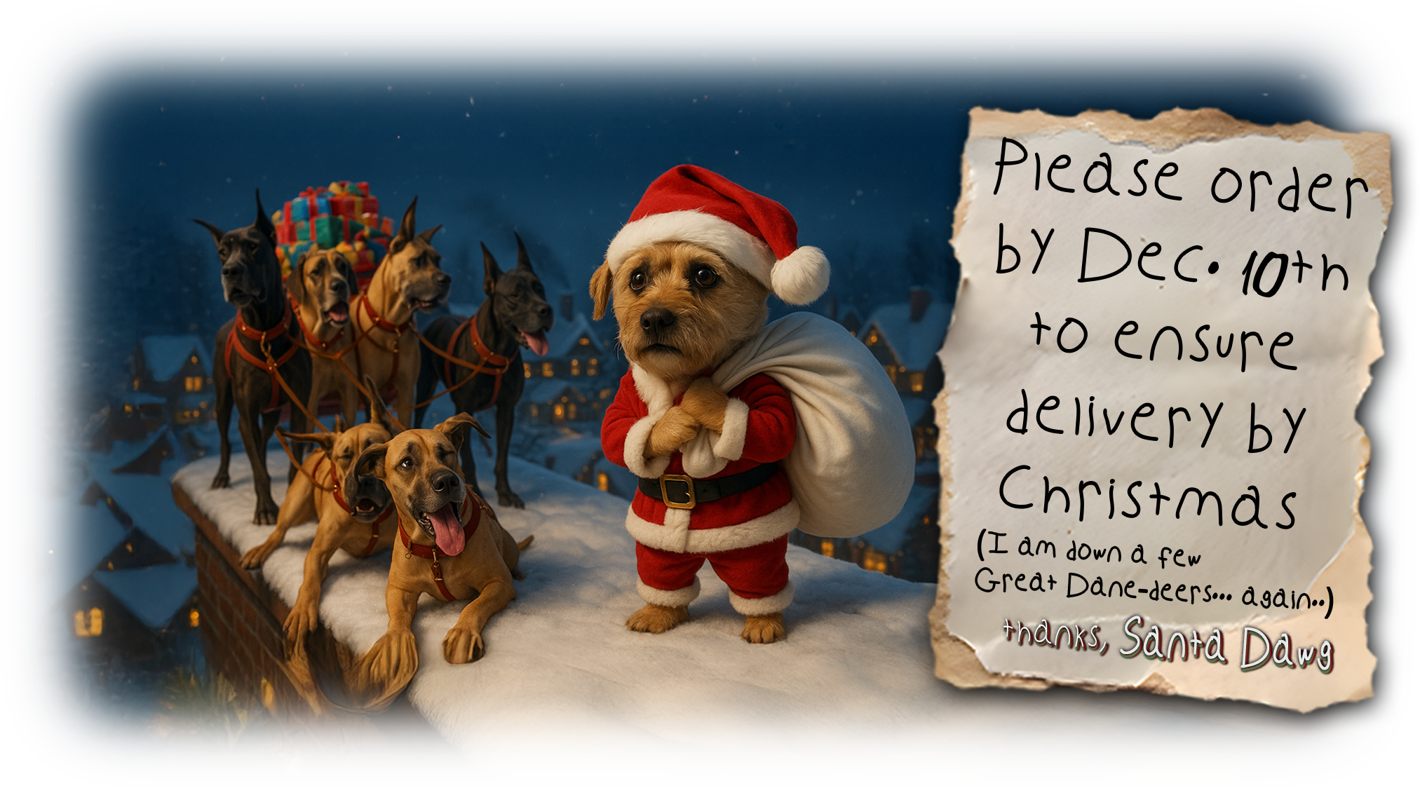 Dog in Santa outfit with a sign and dog sled in snowy scene