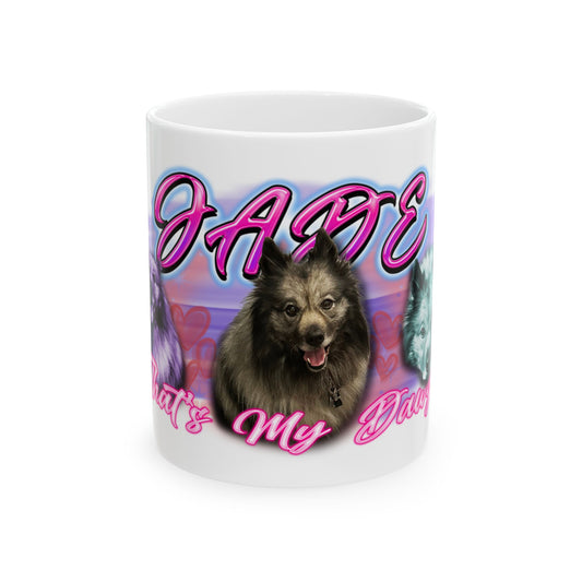 a coffee mug with a picture of a dog on it