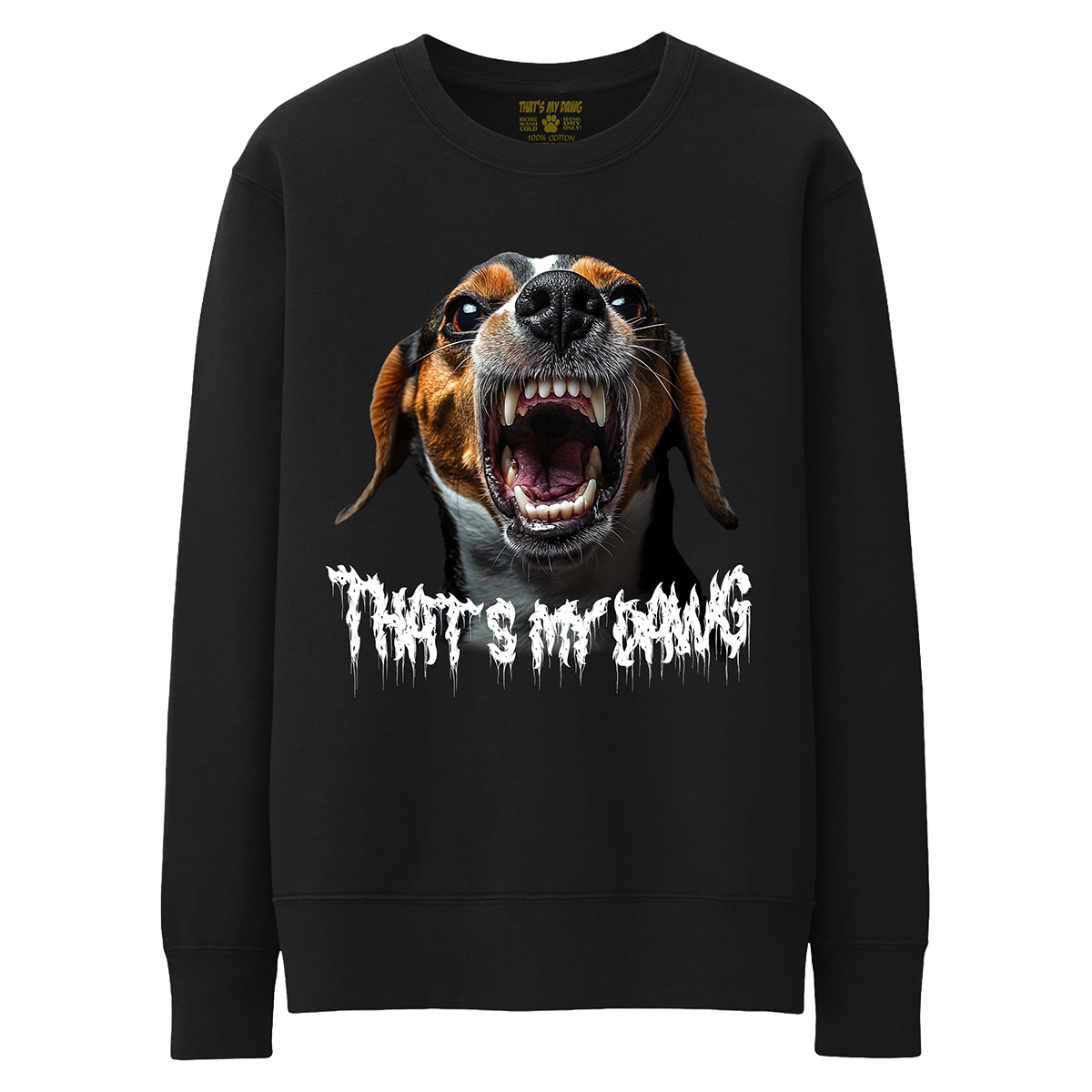 a black sweatshirt with an image of a dog with its mouth open