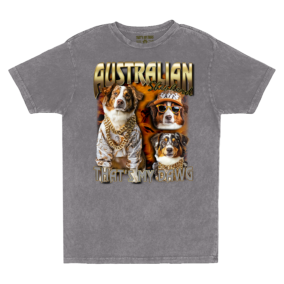 a grey shirt with two dogs wearing sunglasses