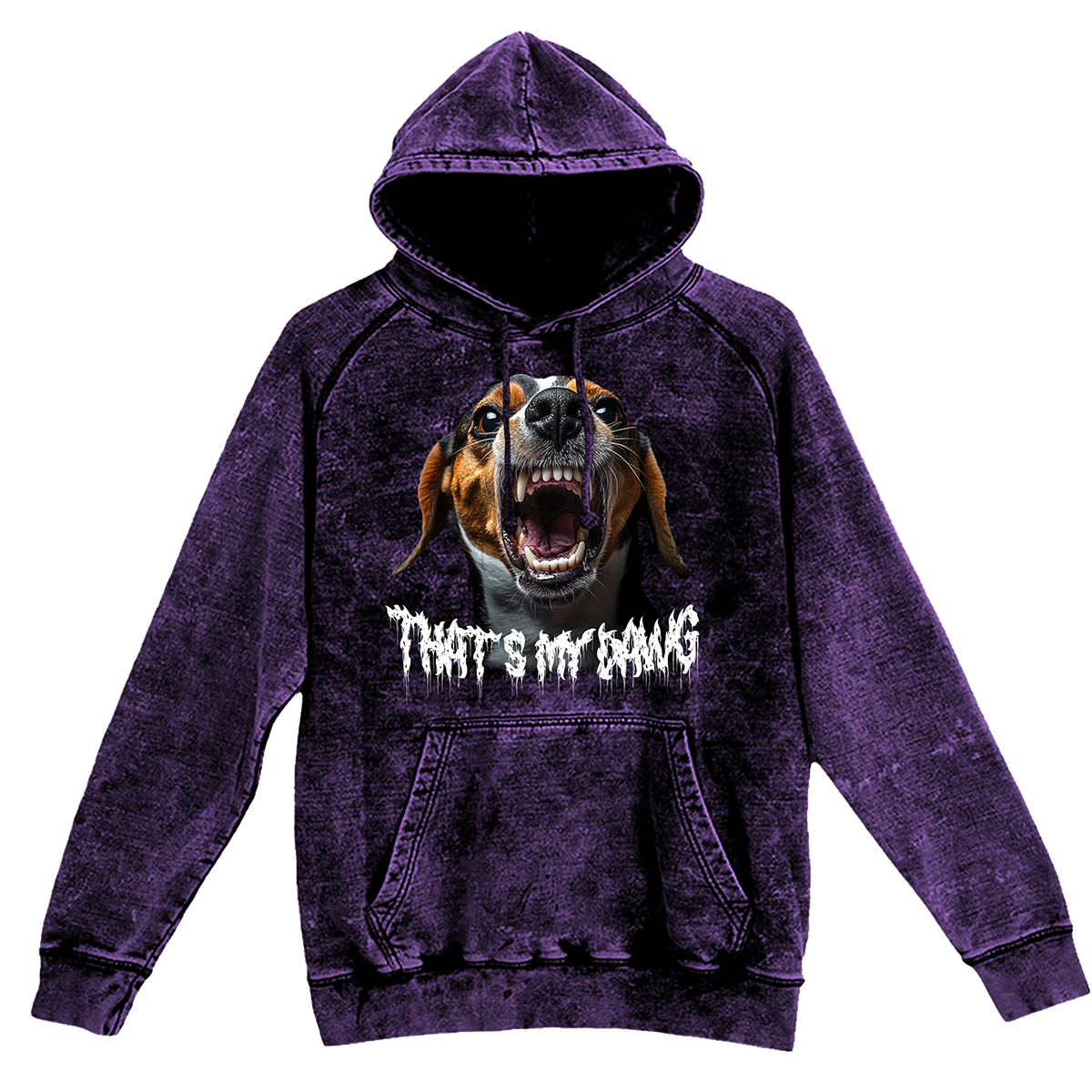 a purple hoodie with a picture of a dog on it