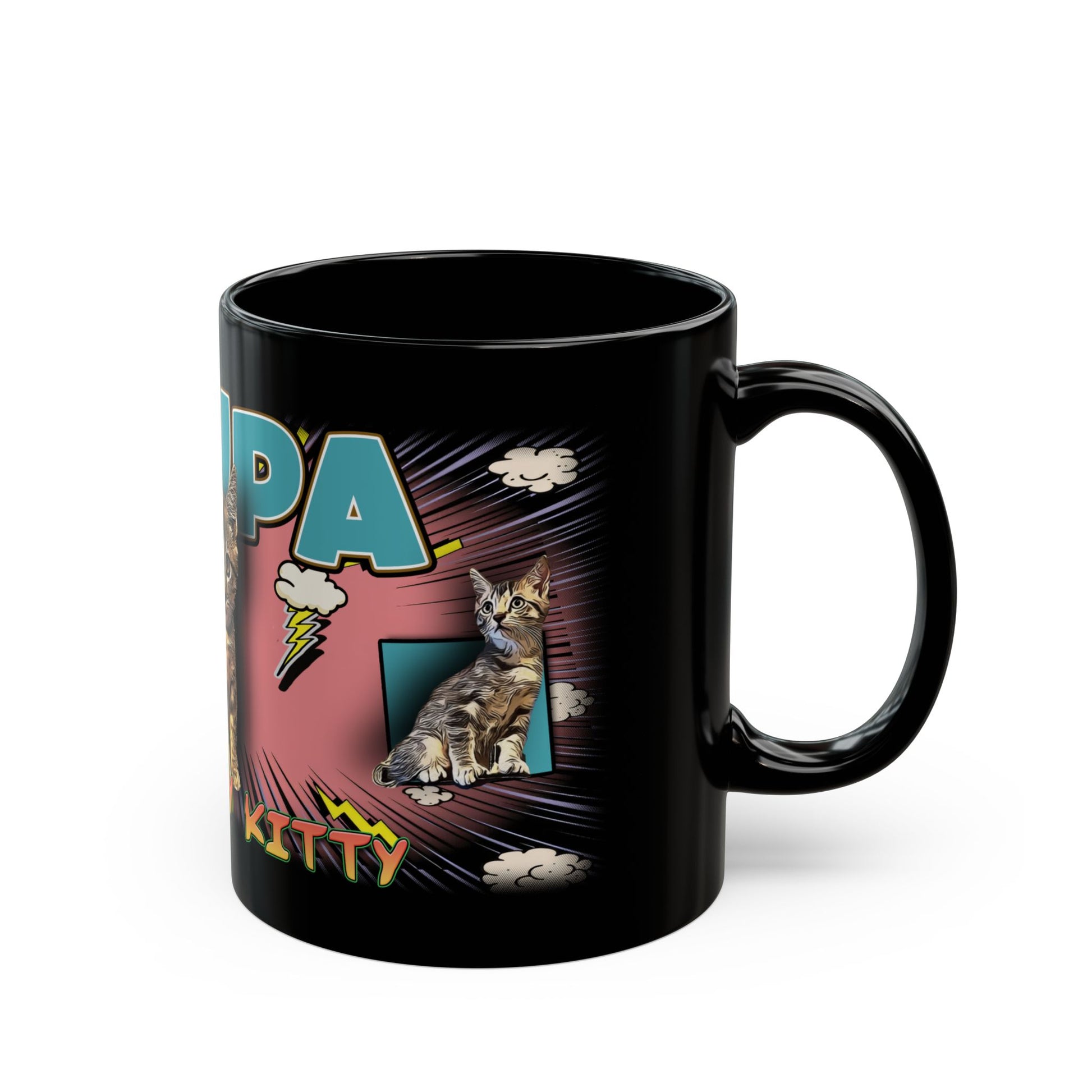 a black coffee mug with a cat on it