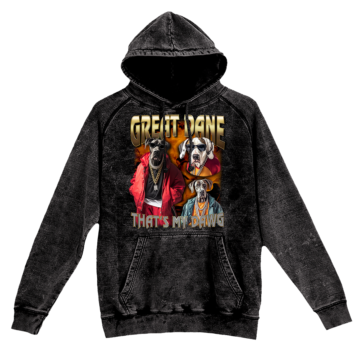 a black hoodie with two dogs on it