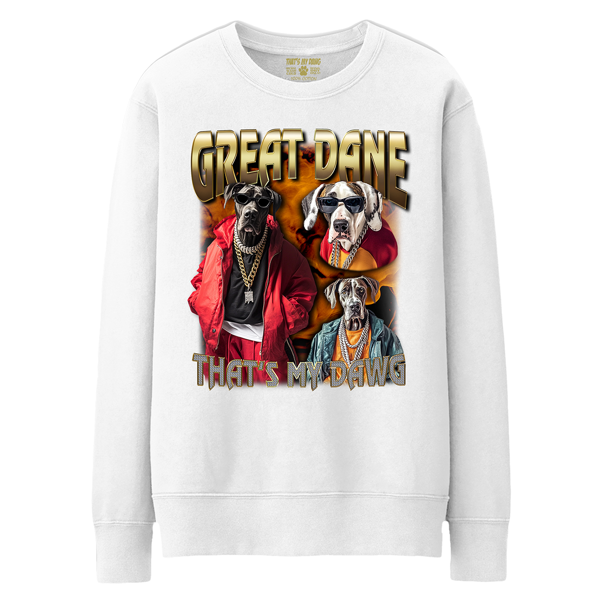 a white sweatshirt with a picture of two dogs on it