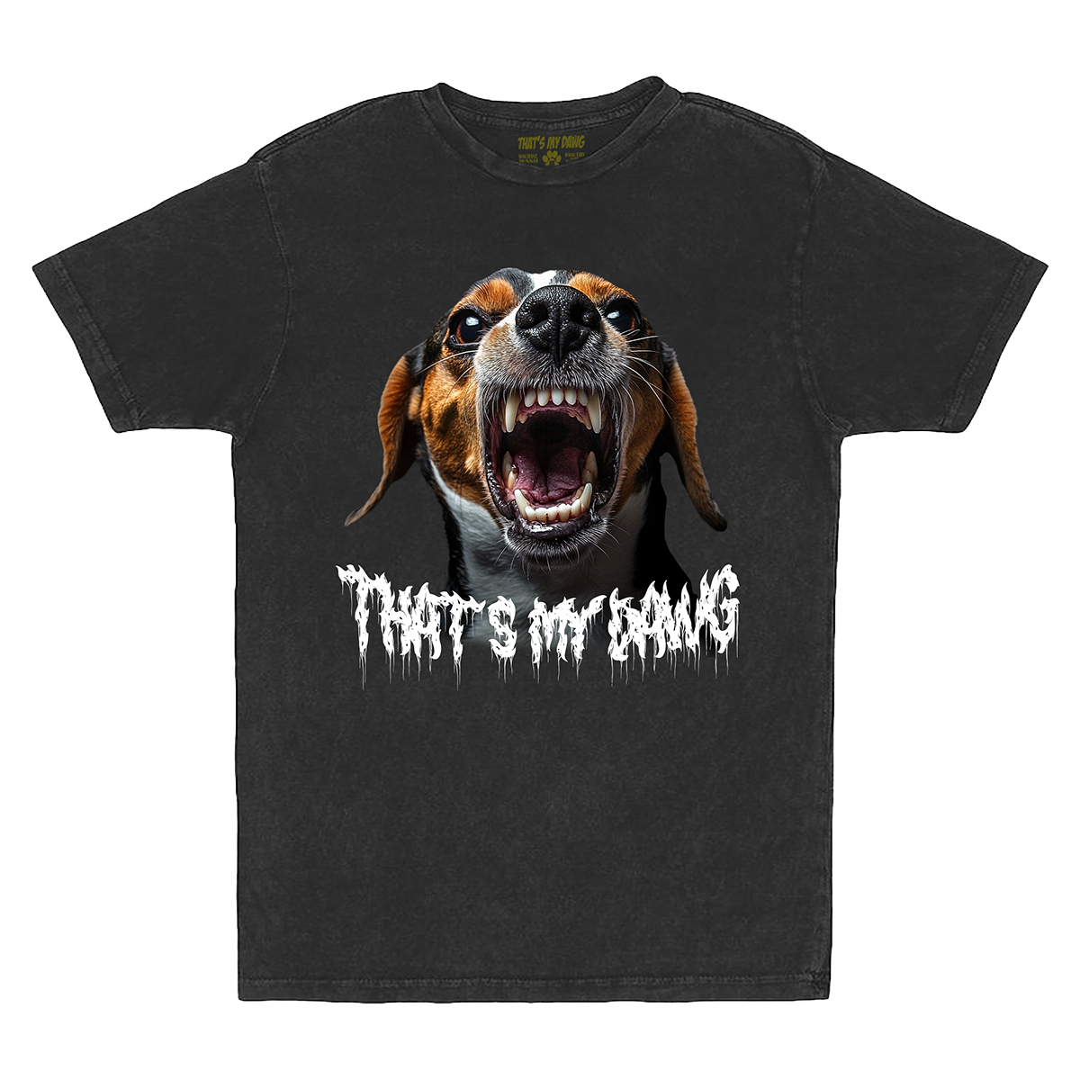 a black shirt with an image of a dog with its mouth open