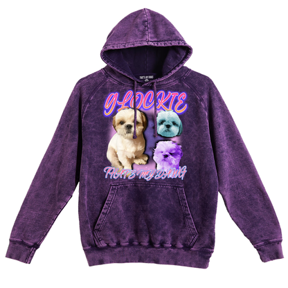 a purple hoodie with a picture of a dog on it