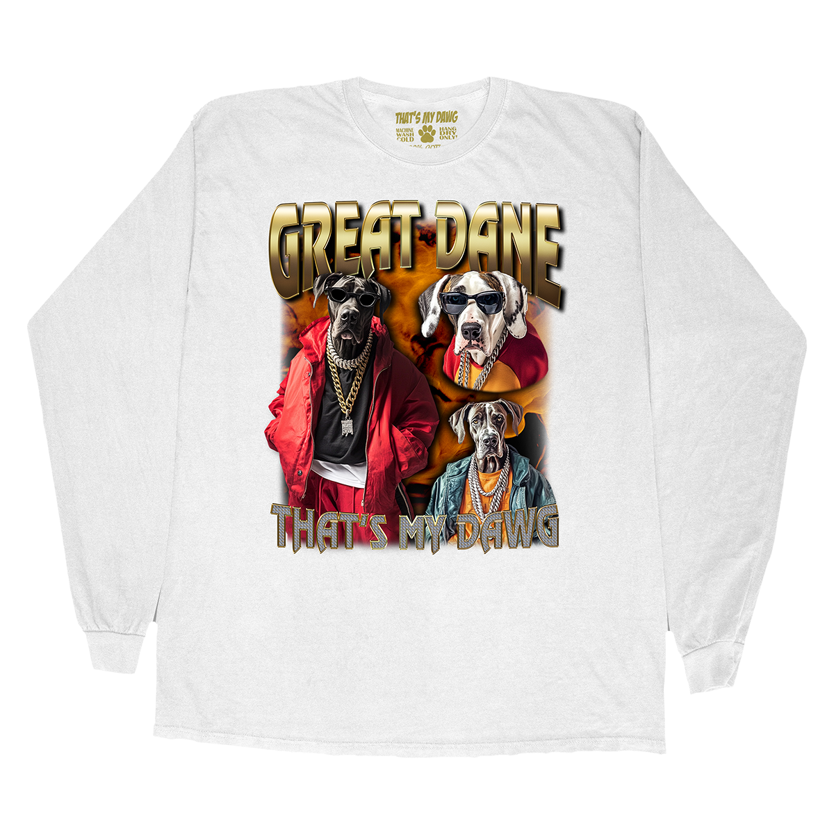 a white shirt with a picture of two dogs on it