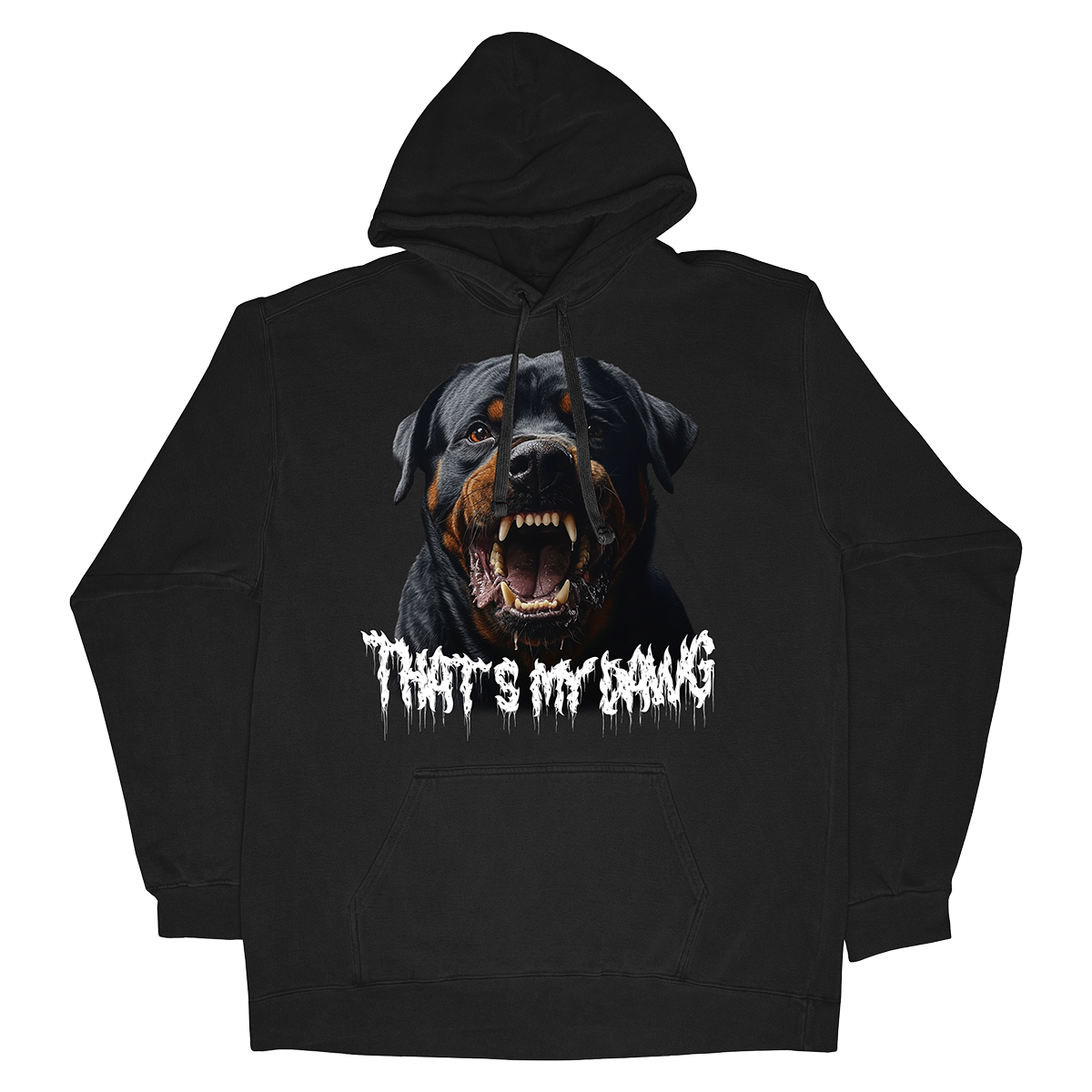 a black hoodie with an image of a dog with the words, that '