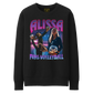 a black sweatshirt with a picture of two women in front of them