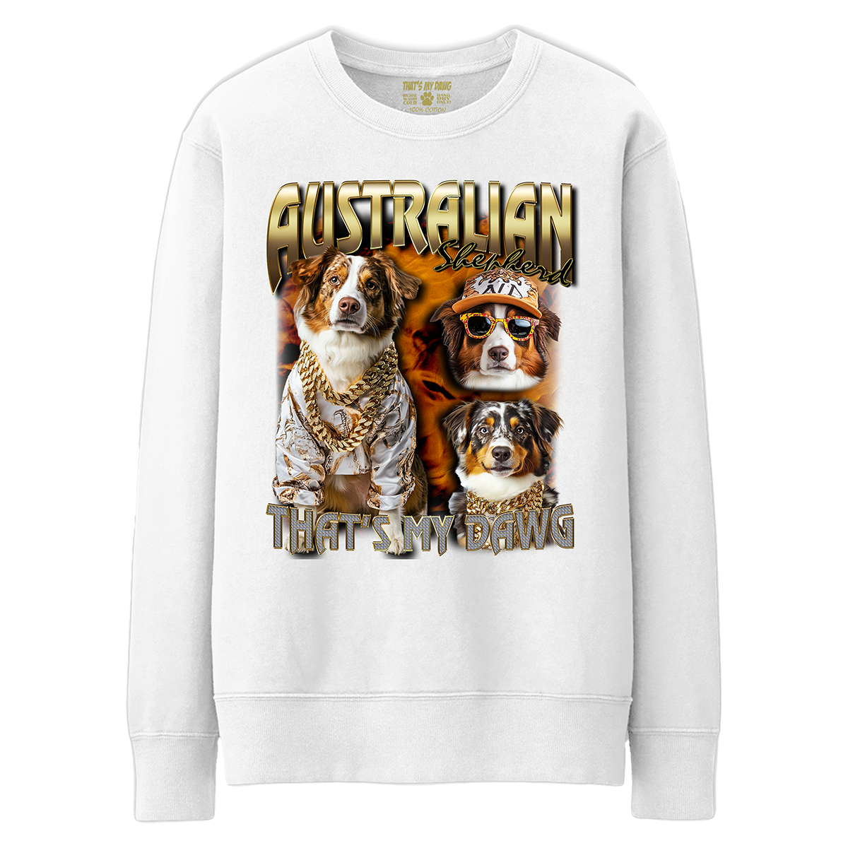 a white sweatshirt with two dogs wearing sunglasses