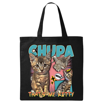 a black tote bag with two kittens on it