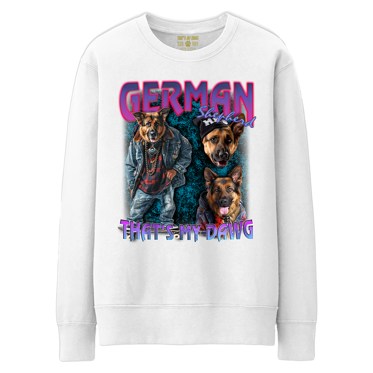 a white sweatshirt with a picture of two dogs on it