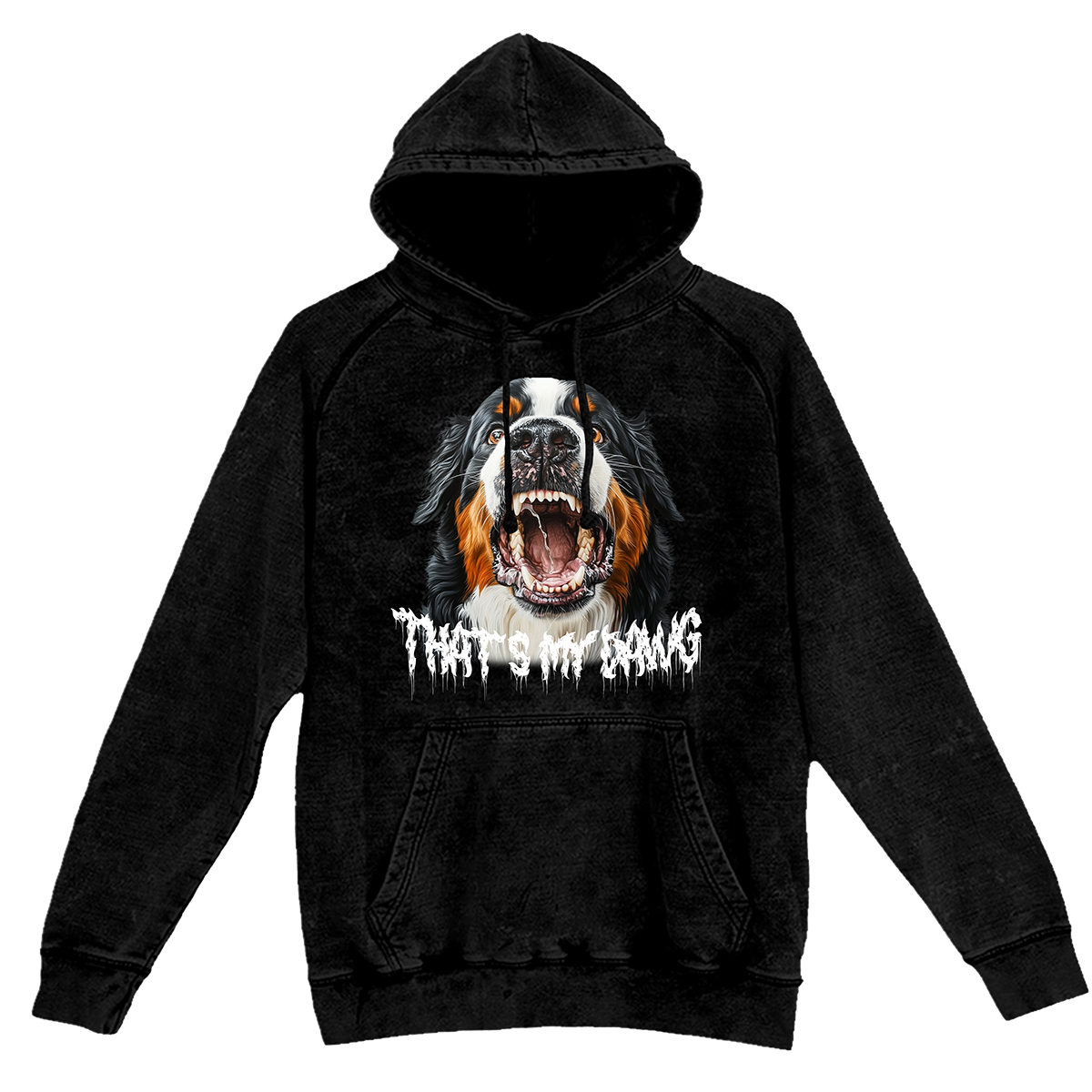 a black hoodie with a picture of a dog on it