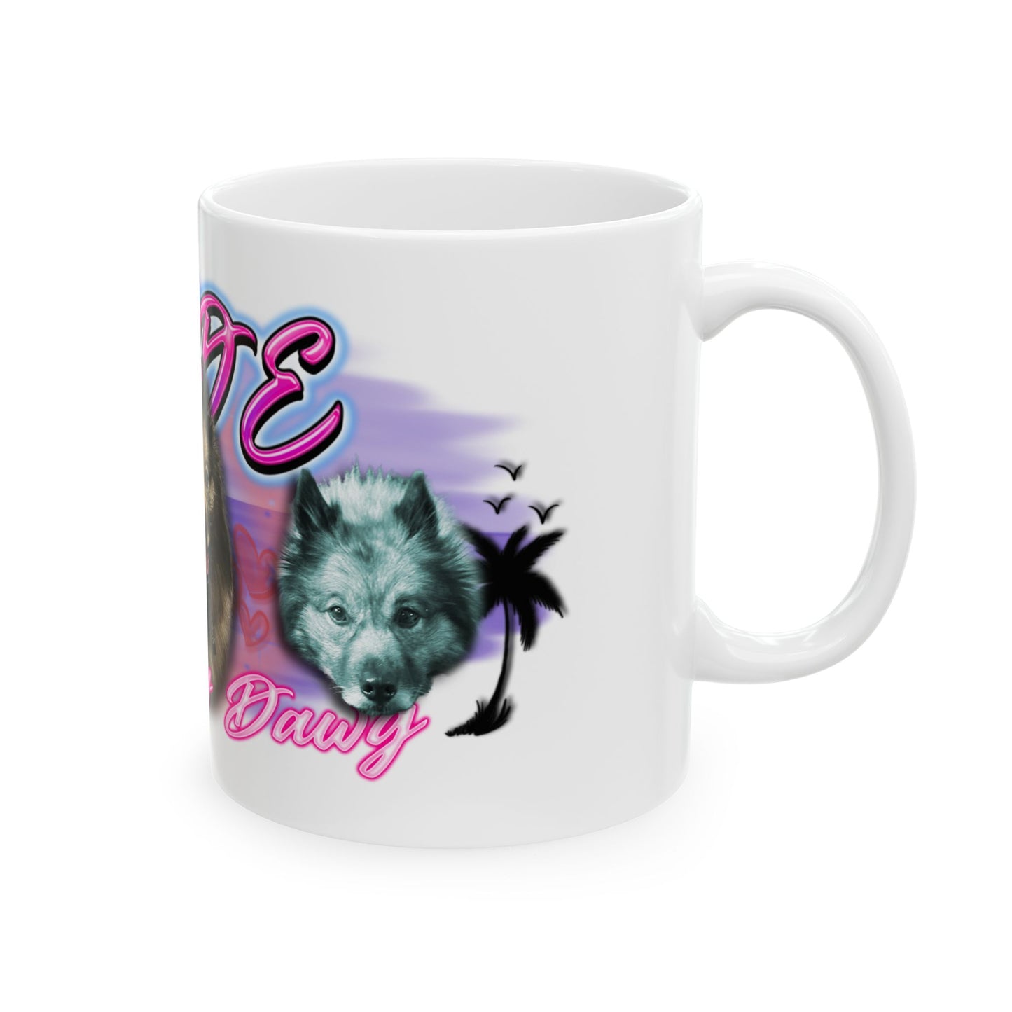 a white coffee mug with a picture of a wolf