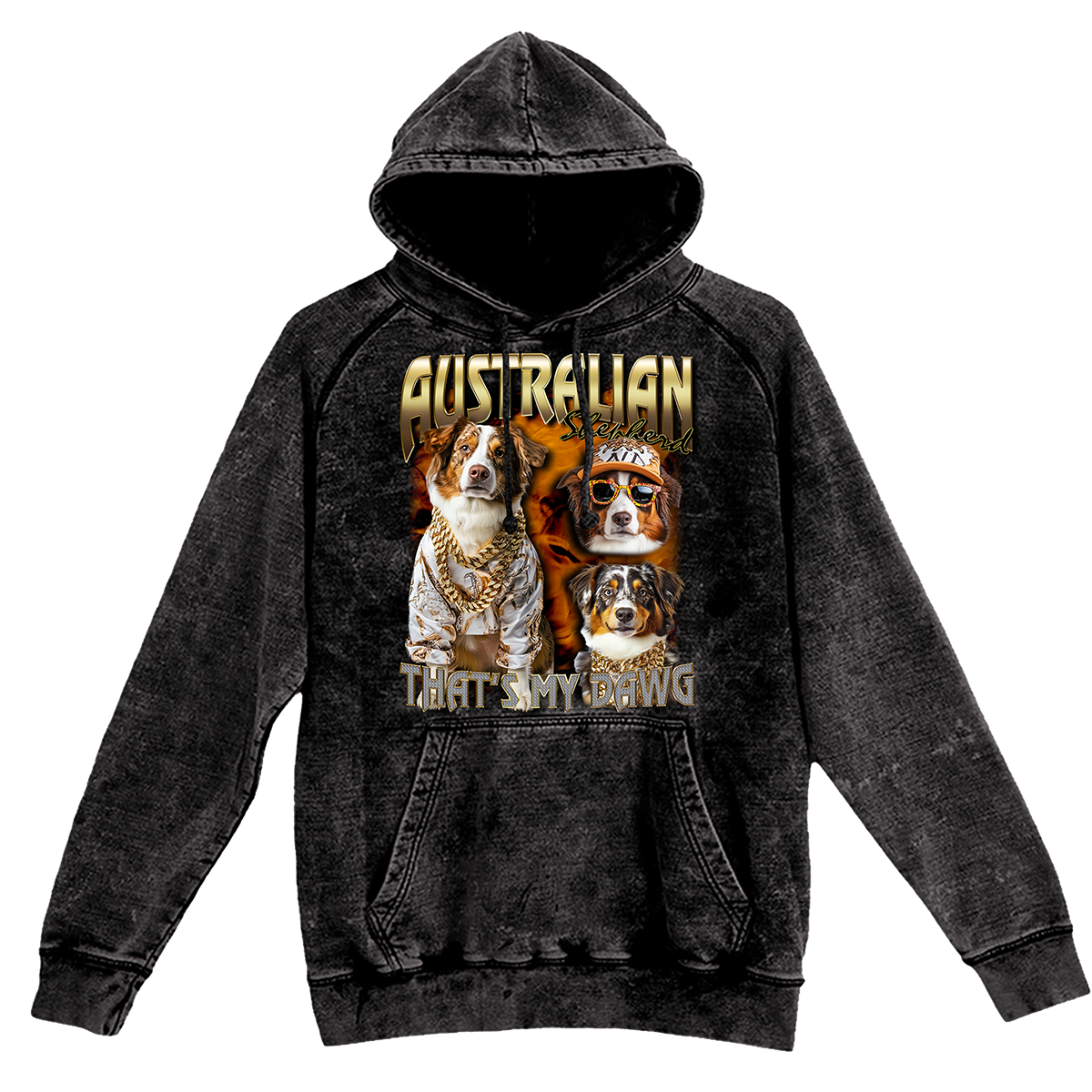 a black hoodie with two dogs on it