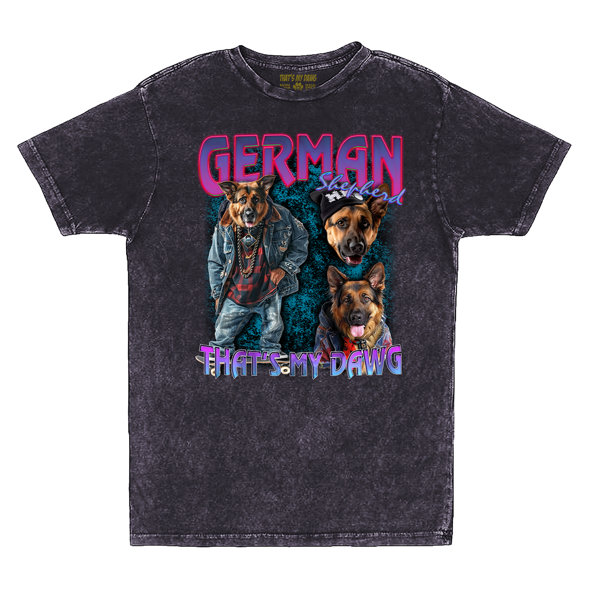 a black t - shirt with two dogs on it