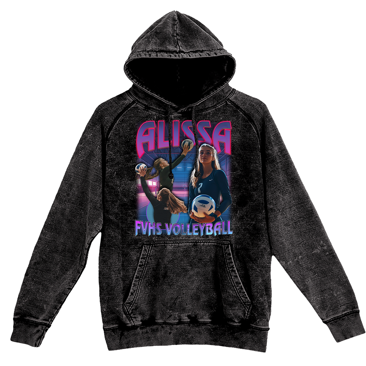 a black hoodie with a picture of two women on it