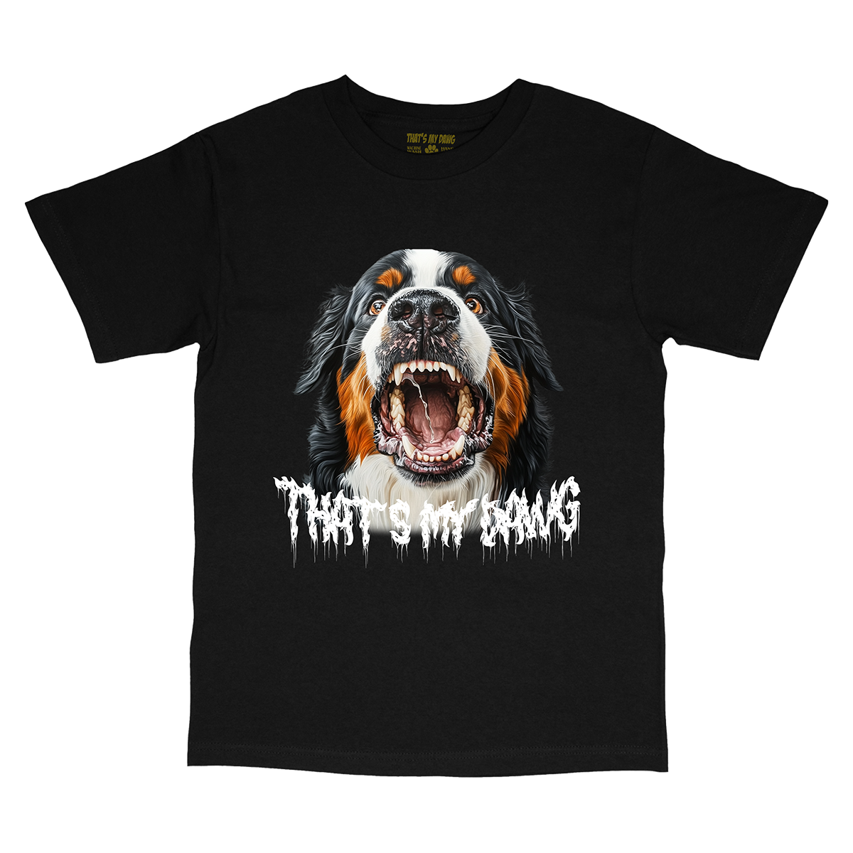 a black t - shirt with an image of a dog with its mouth open