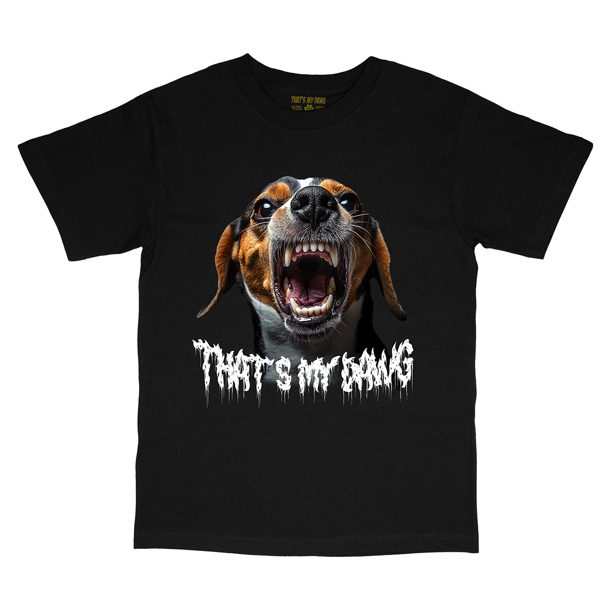 a black t - shirt with an image of a dog with its mouth open