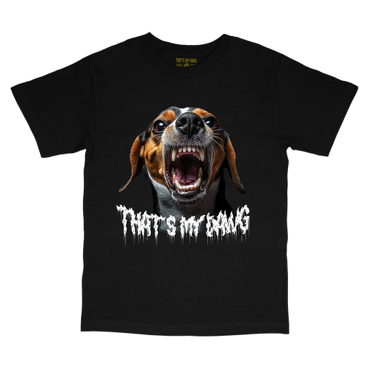 a black t - shirt with an image of a dog with its mouth open