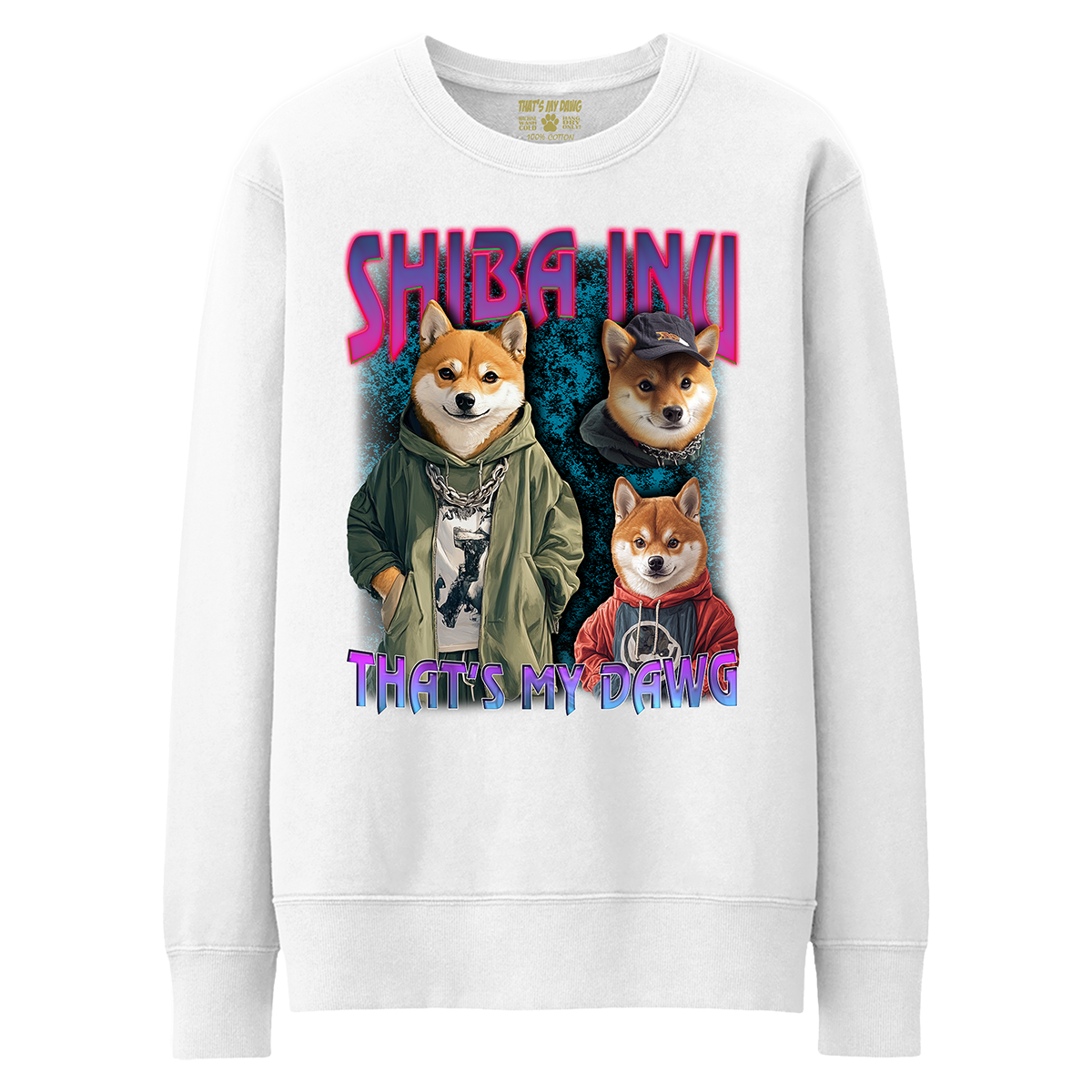 a white sweatshirt with a picture of two dogs wearing jackets