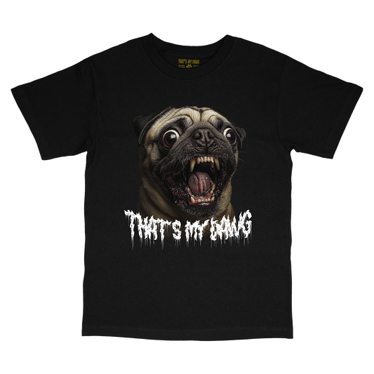 a black t - shirt with a pug's mouth