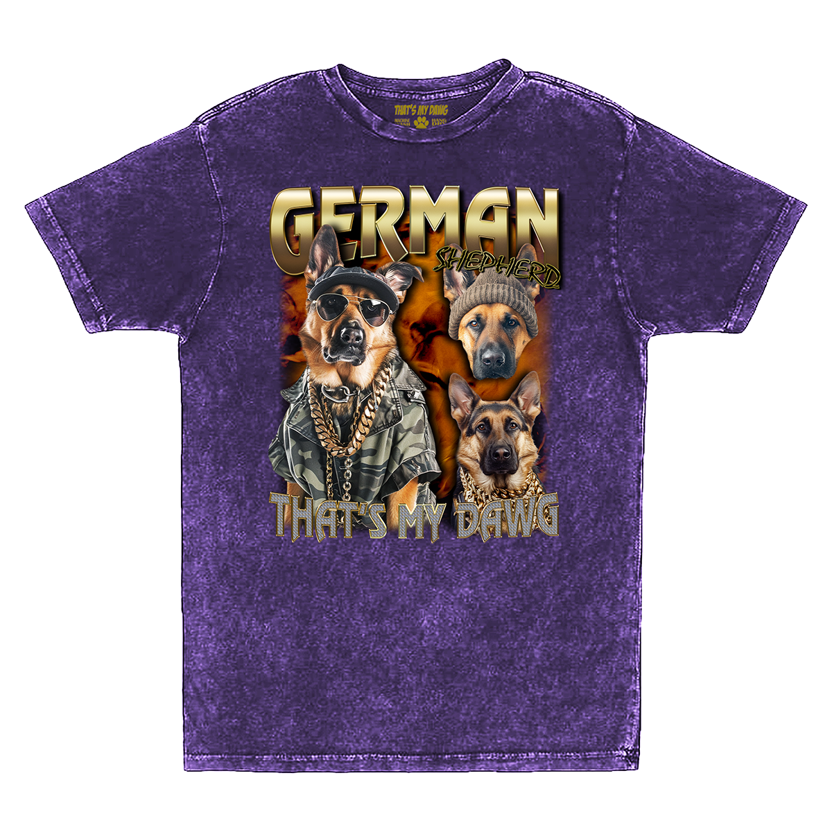 a purple shirt with two german shepherds on it