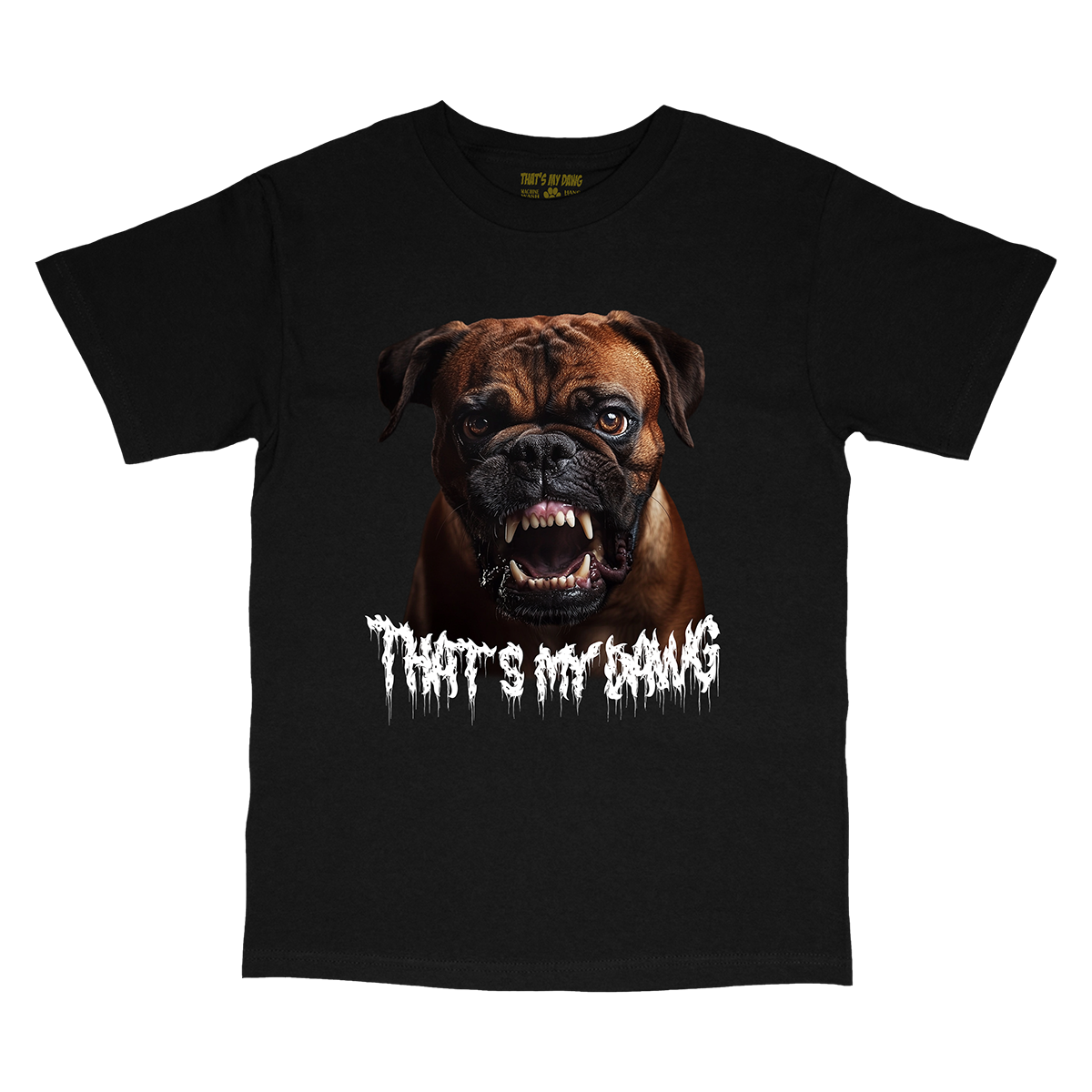 a black t - shirt with an image of a dog's face