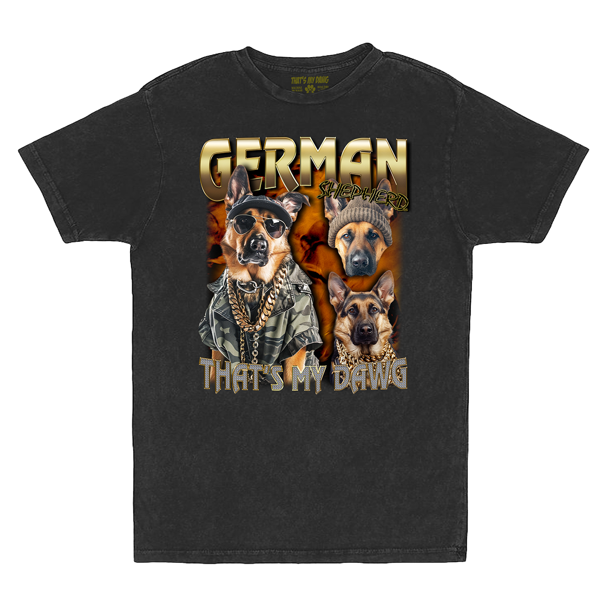 a black shirt with two german shepherds on it