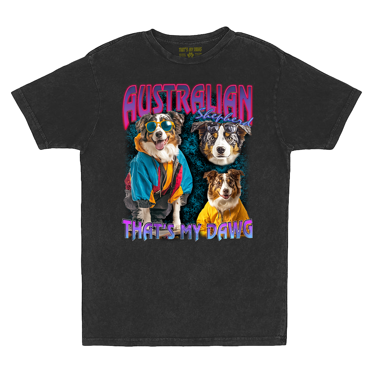 a black t - shirt with three dogs wearing clothes