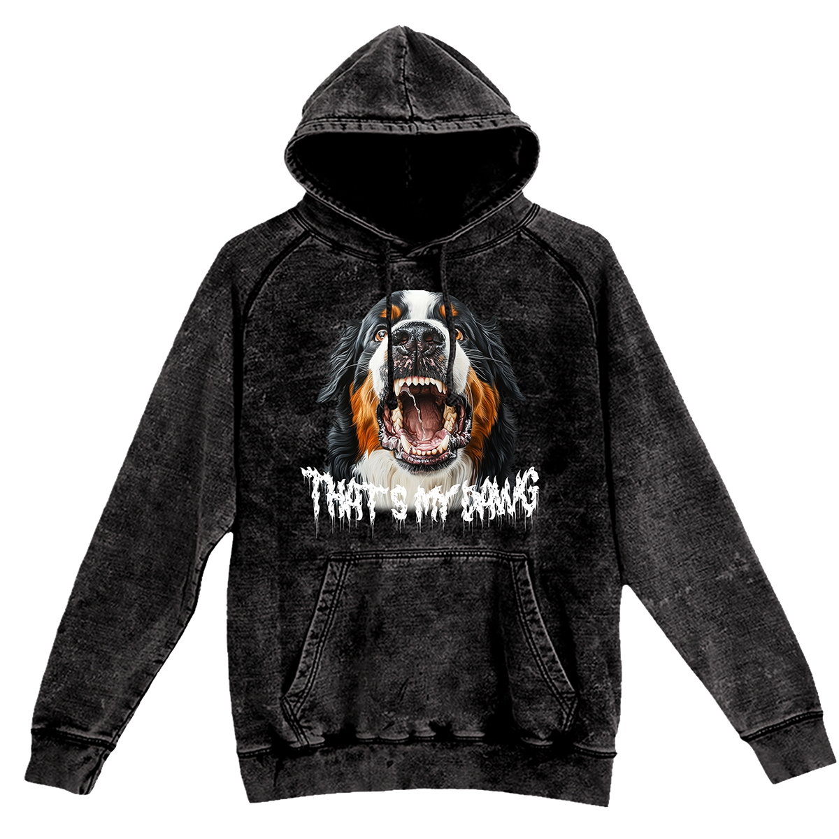 a black hoodie with a picture of a dog on it