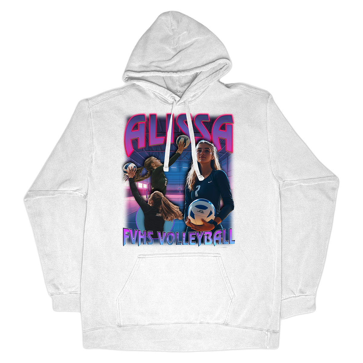 a white hoodie with a picture of two women on it