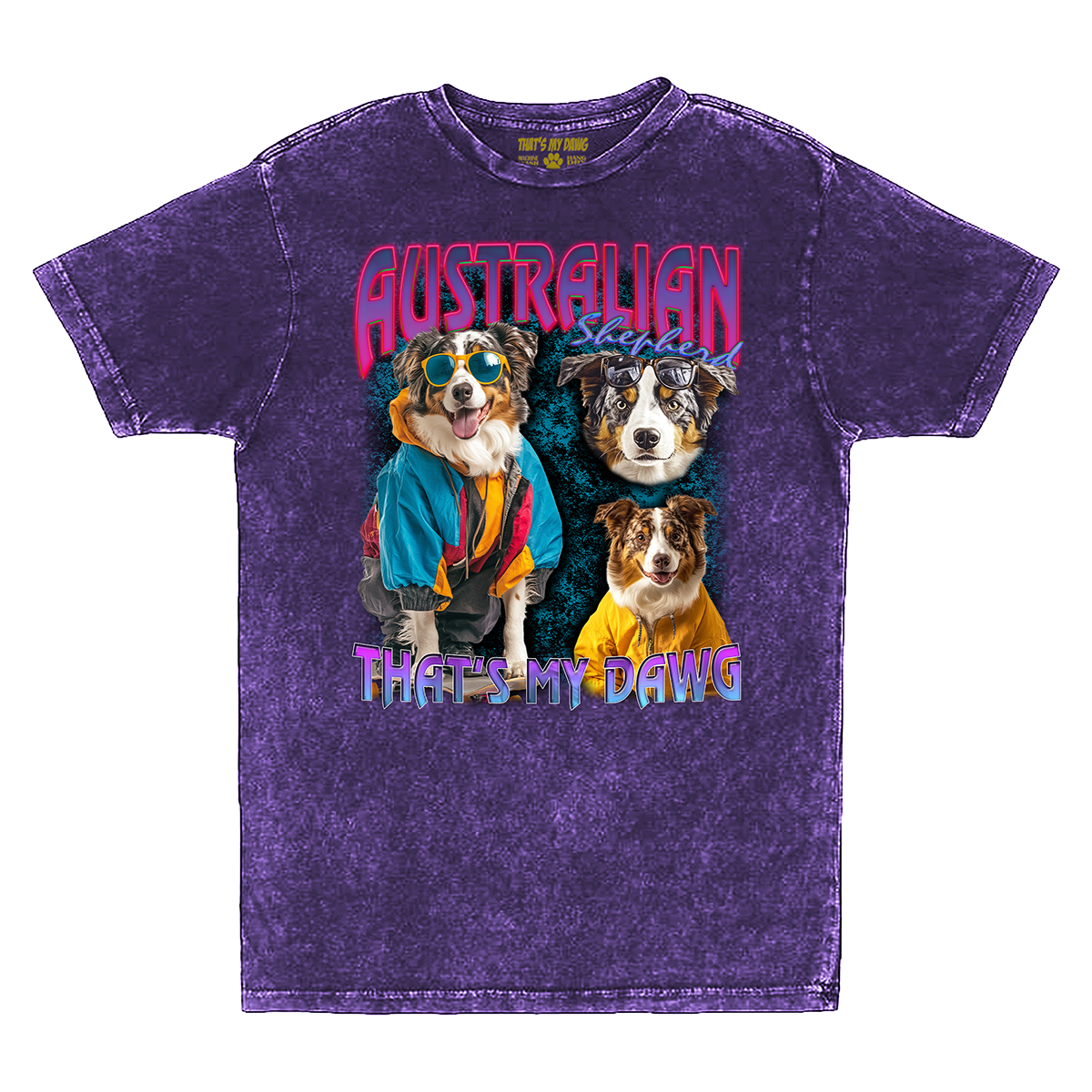 a purple t - shirt with three dogs on it