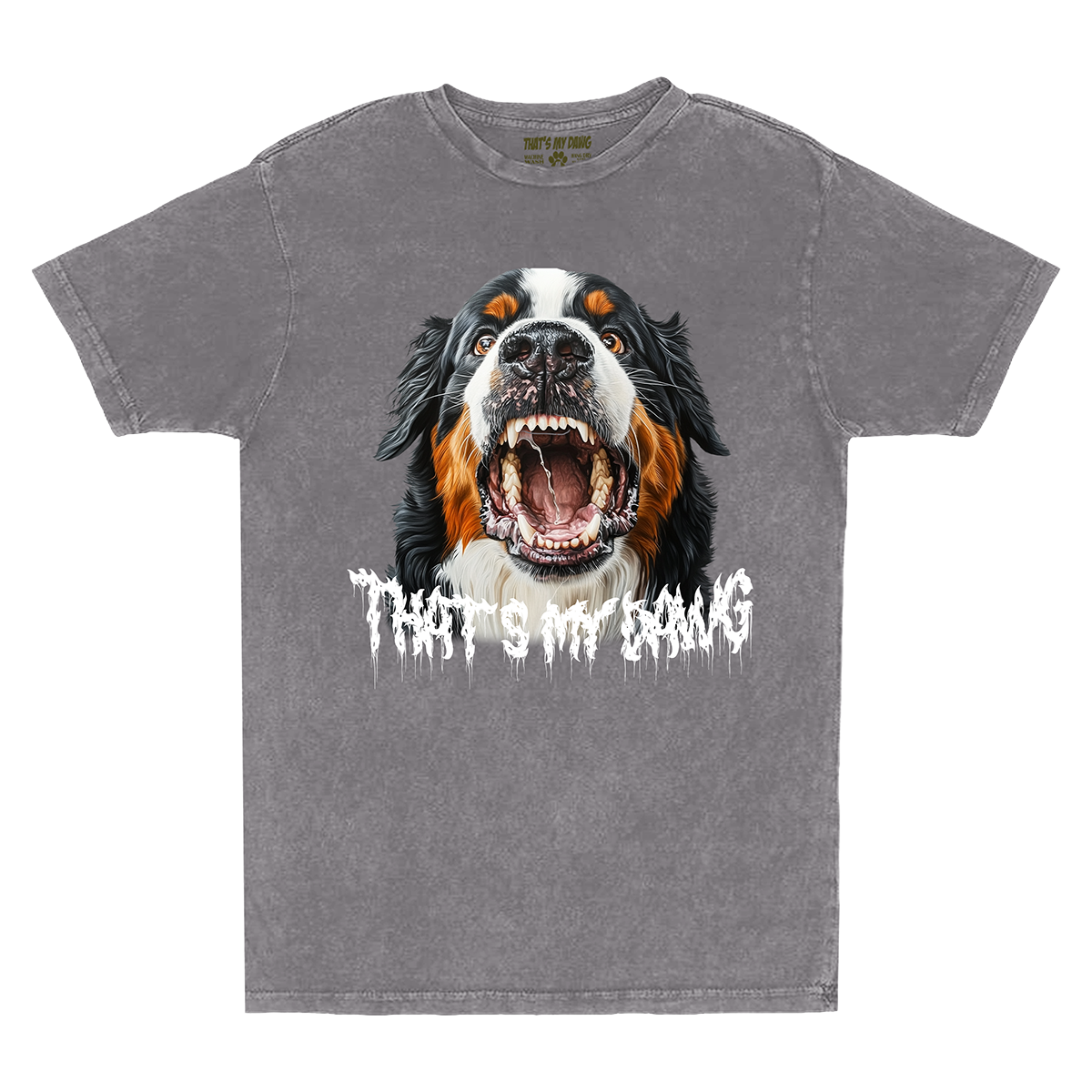 a gray shirt with an image of a dog with its mouth open