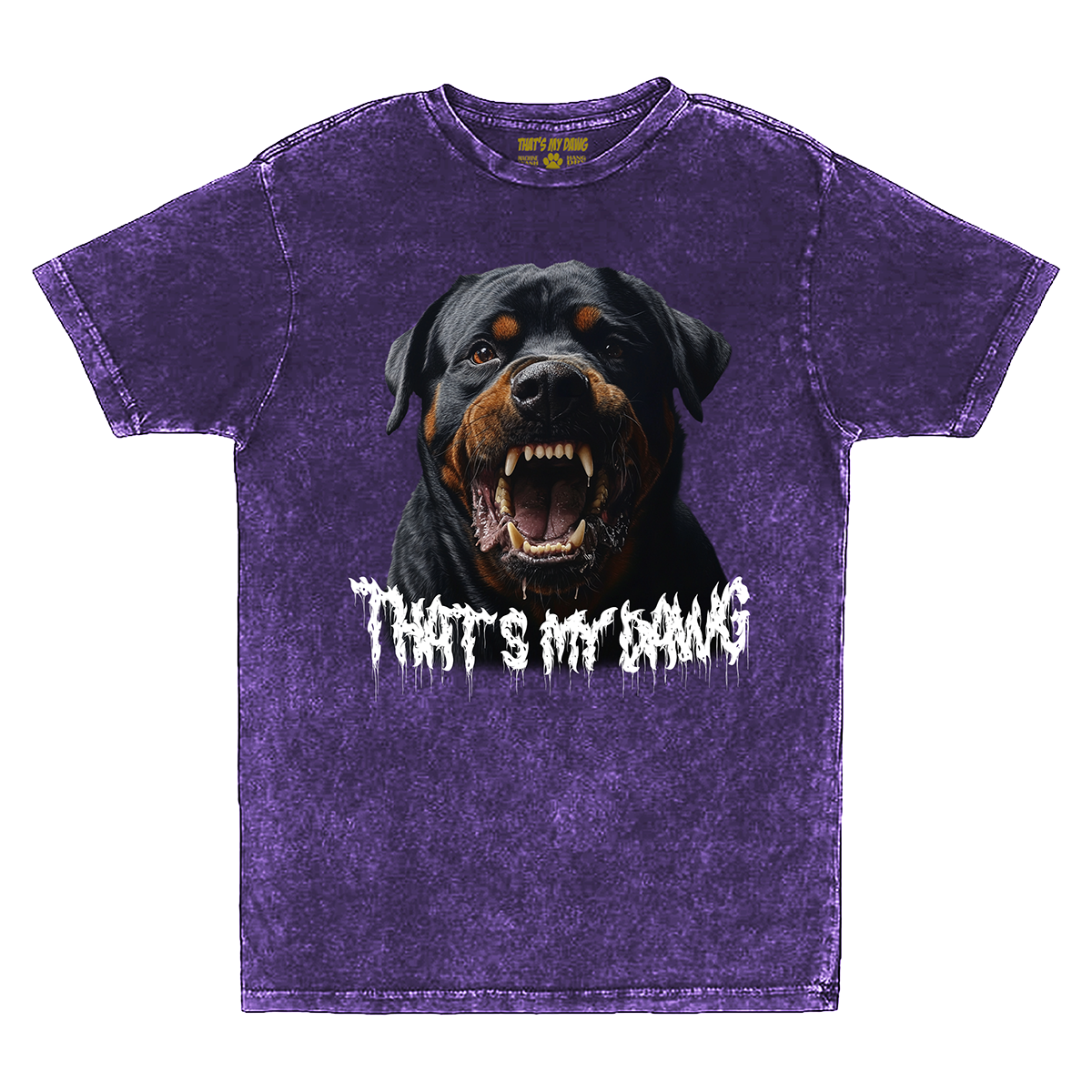 a purple t - shirt with a picture of a dog with it's mouth