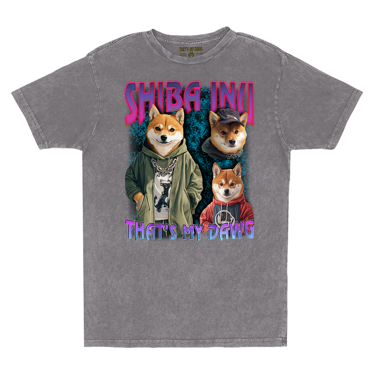 a gray t - shirt with a picture of three corgi