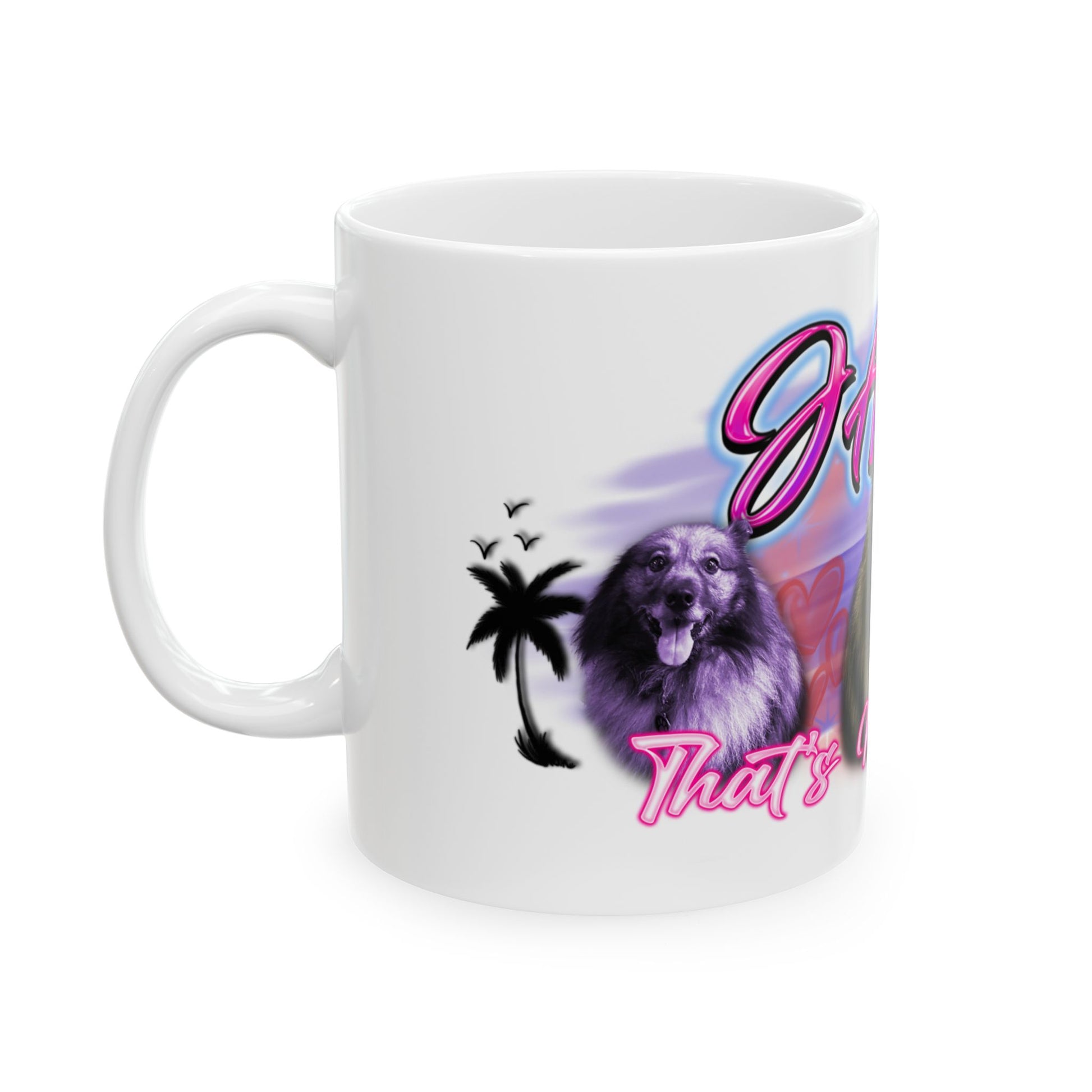 a white coffee mug with a picture of a dog