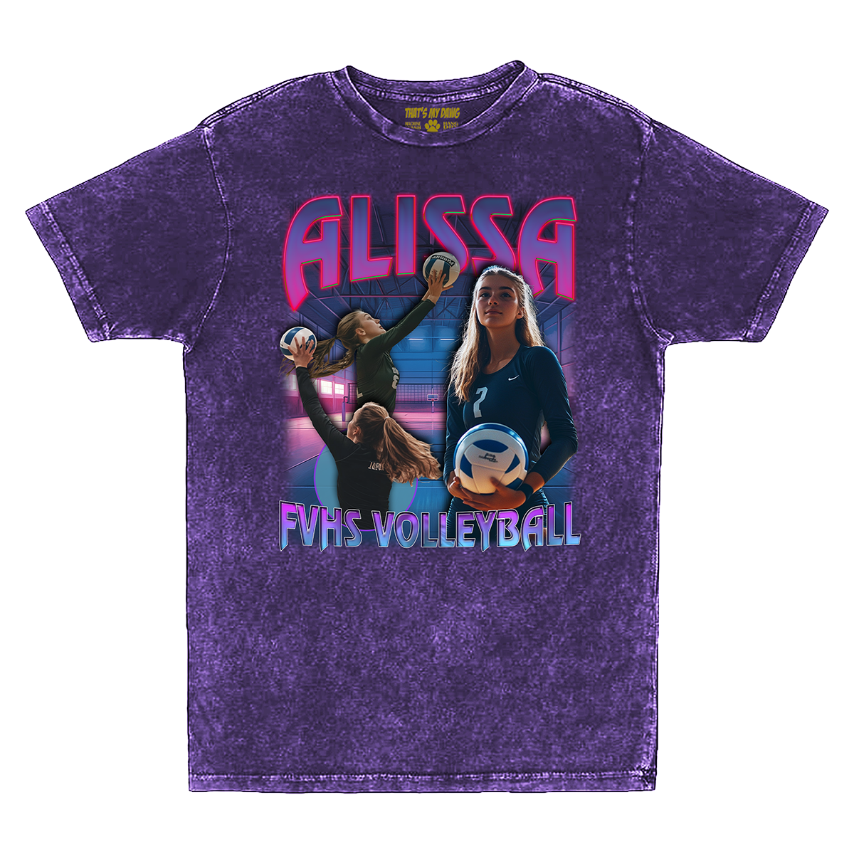 a purple t - shirt with a picture of two women and a soccer ball