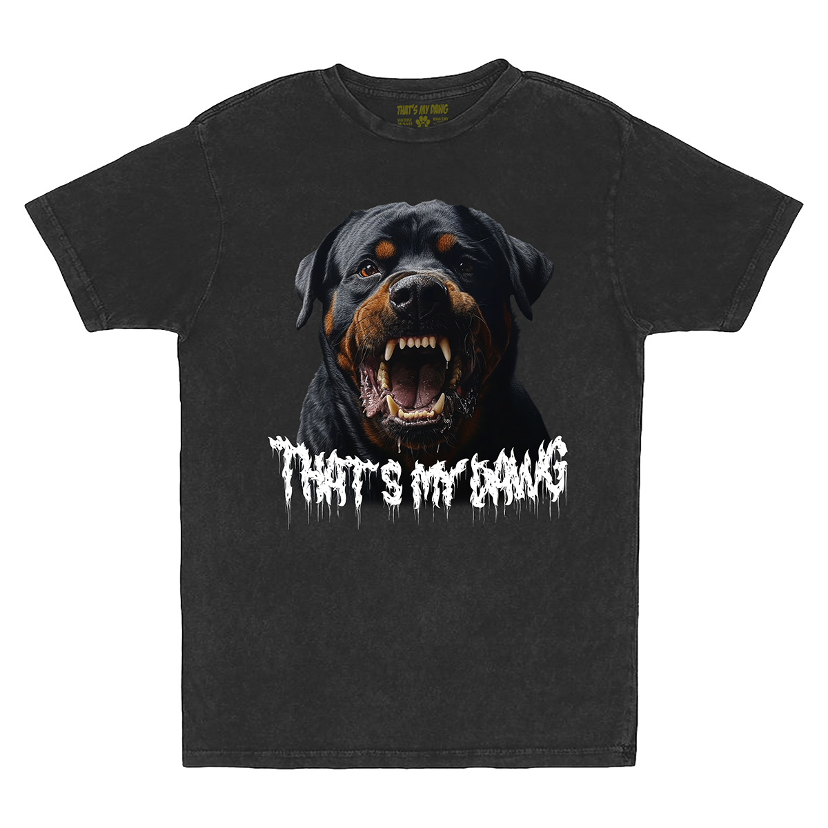 a black t - shirt with an image of a dog that says that's