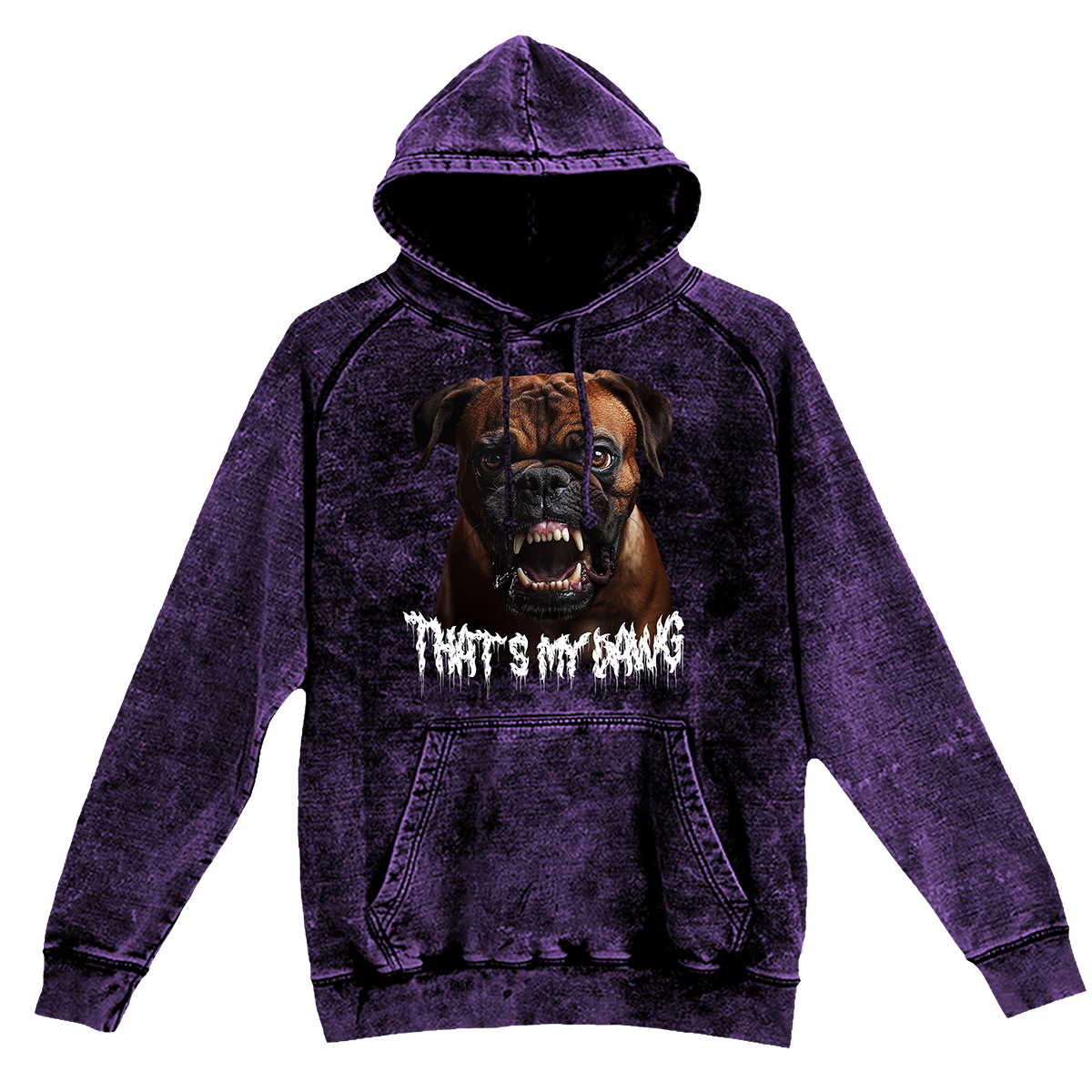 a purple hoodie with a picture of a dog on it