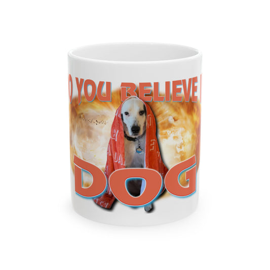 a coffee mug with a picture of a dog on it