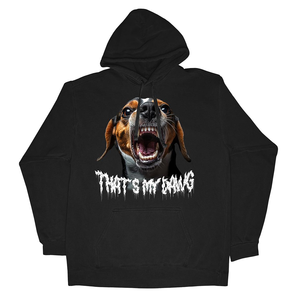 a black hoodie with an image of a dog with its mouth open