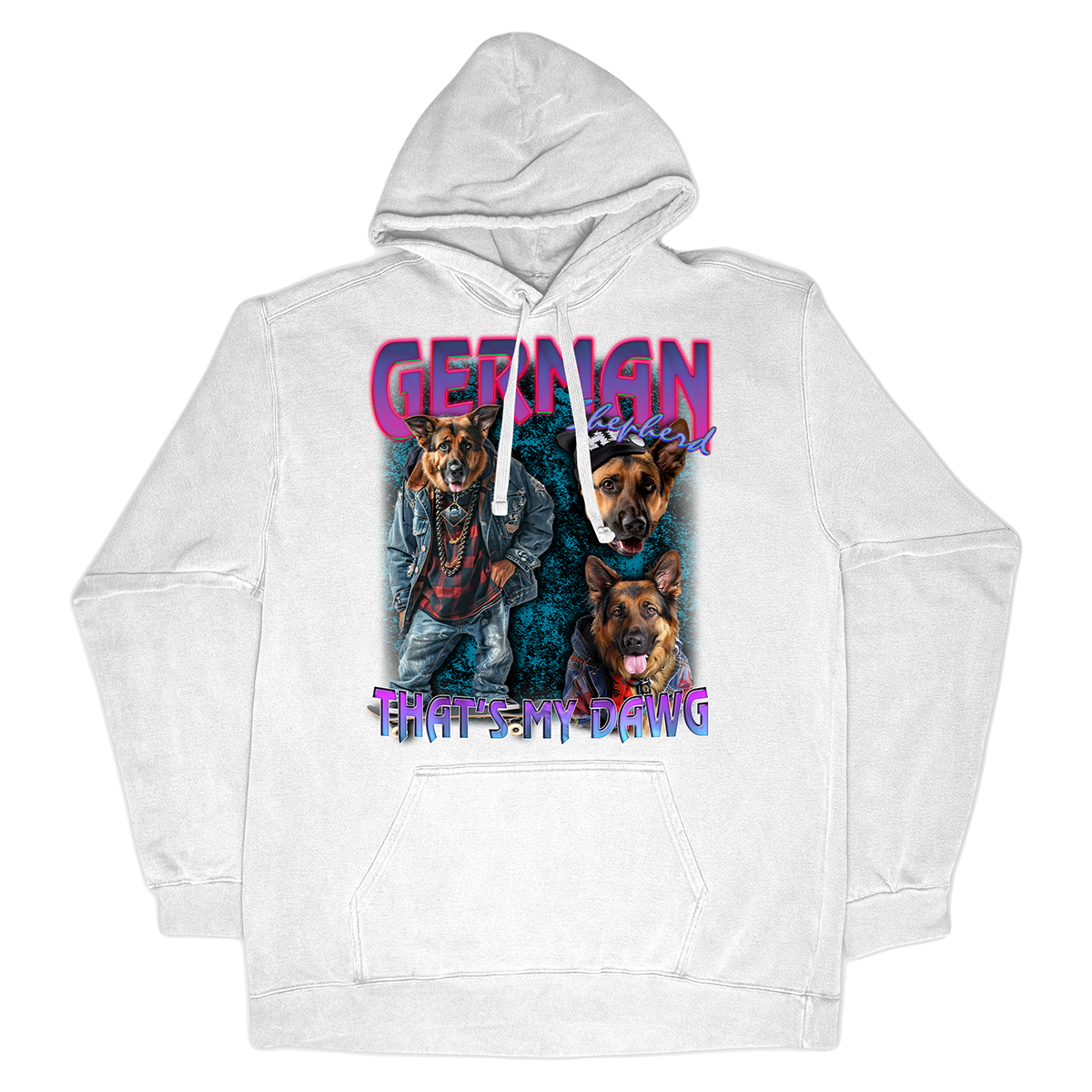 a white hoodie with a picture of two dogs on it