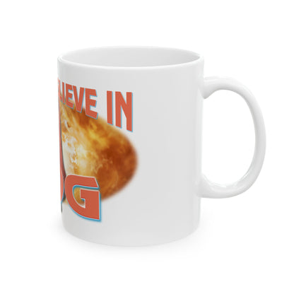 a white coffee mug with a picture of a piece of bread on it