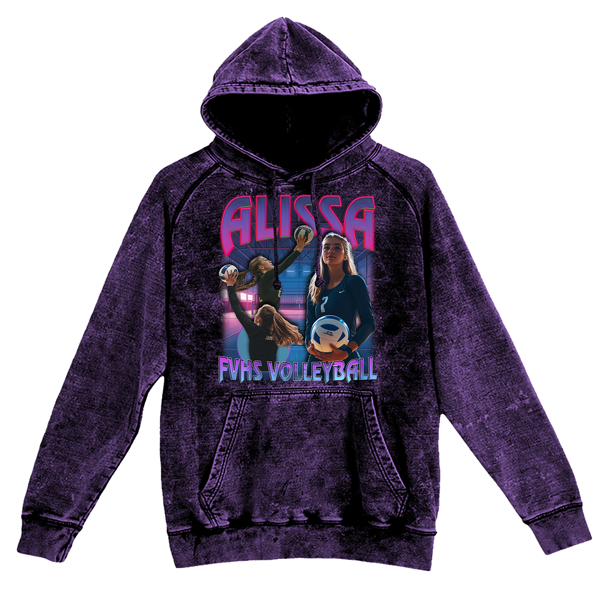 a purple hoodie with a picture of two women on it